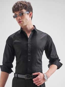 HIGHLANDER - Men Black Pleated Premium Satin Evening Casual Shirt