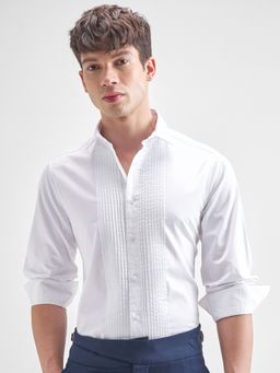 HIGHLANDER - Men White Pleated Premium Satin Evening Casual Shirt