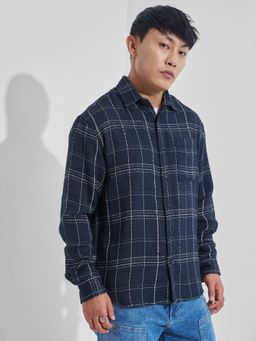 HIGHLANDER - Men Navy Blue Textured Dobby Fancy Yarn Casual Checked Shirt