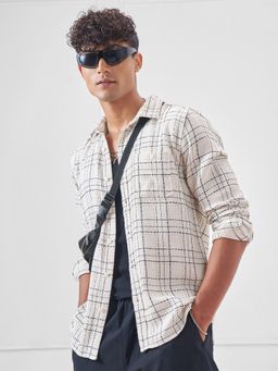 HIGHLANDER - Men Cream Textured Dobby Fancy Yarn Casual Checked Shirt