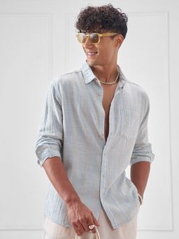 HIGHLANDER - Men Blue Cotton Linen Dobby Stripes Cuban Collar Oversized Over Casual Shirt