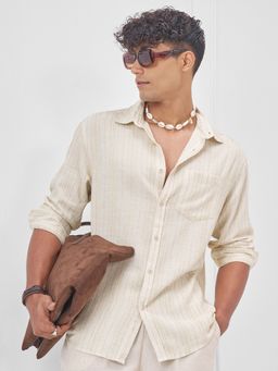 HIGHLANDER - Men Beige Cotton Linen Dobby Stripes Cuban Collar Oversized Over Casual Shirt