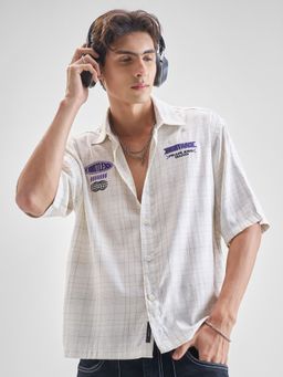 HIGHLANDER - Men Off White Cotton Linen Dobby Checked Relaxed Casual Shirt
