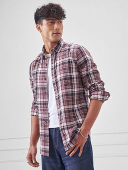 HIGHLANDER - Men Pink Dobby Textured Casual Checked Shirt