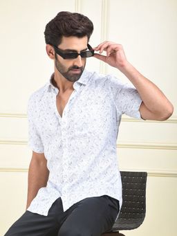 CRIMSOUNE CLUB - Men White Abstract Print Linen Casual Shirt