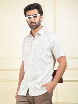 CRIMSOUNE CLUB - Men Cream Abstract Printed Linen Casual Shirt