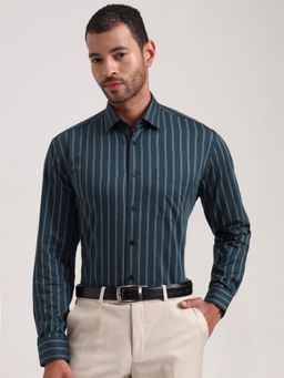 JadeBlue - Men Green Pure Cotton Striped Regular Fit Formal Shirt