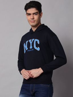 Obaan - Men Winter Wear Navy Blue Typography Hoodie