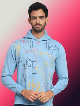Obaan - Men Winter Wear Blue Typography Hoodie