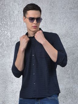 CRIMSOUNE CLUB - Men Navy Blue Textured Casual Shirt