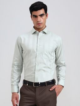Metal - Men Green Pure Cotton Striped Slim Fit Formal Shirt