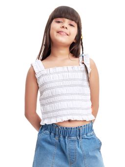 Olele - Bright White Girls Skylar Smocked Cotton Crop Top