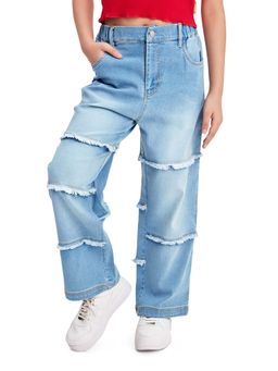 Olele - Girls Raw Edge Panel Patch Relaxed Fit Jeans