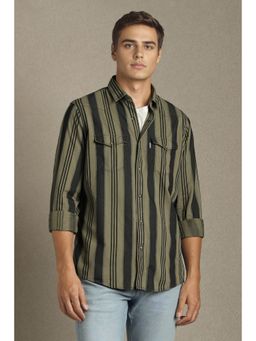 Louis Philippe - Men Olive Stripe Full Sleeves Casual Shirt