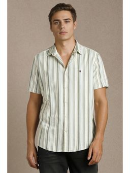 Louis Philippe - Men Beige Stripe Half Sleeves Casual Shirt