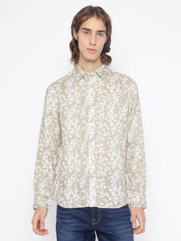 Guess - Men's Beige Printed Collar Neck Full Sleeves Shirt