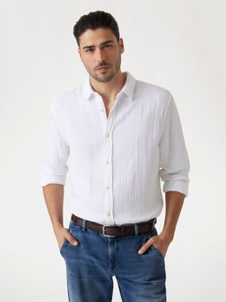 Guess - Men's White Solid Collar Neck Full Sleeves Shirt