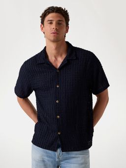 Guess - Men's Navy Blue Self Design Cuban Collar Half Sleeves Shirt