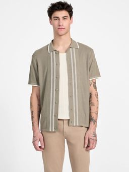 Guess - Men's Beige Striped Collar Neck Half Sleeves Shirt