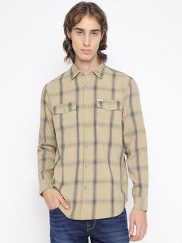 Guess - Men's Beige Checks Collar Neck Full Sleeves Shirt