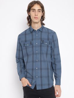 Guess - Men's Blue Checks Collar Neck Full Sleeves Shirt