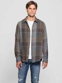 Guess - Men's Brown Checks Collar Neck Full Sleeves Shirt