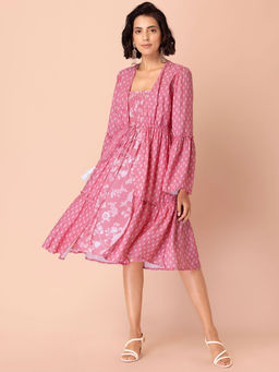 Indya - Pink Floral Bell Sleeve Layered Dress