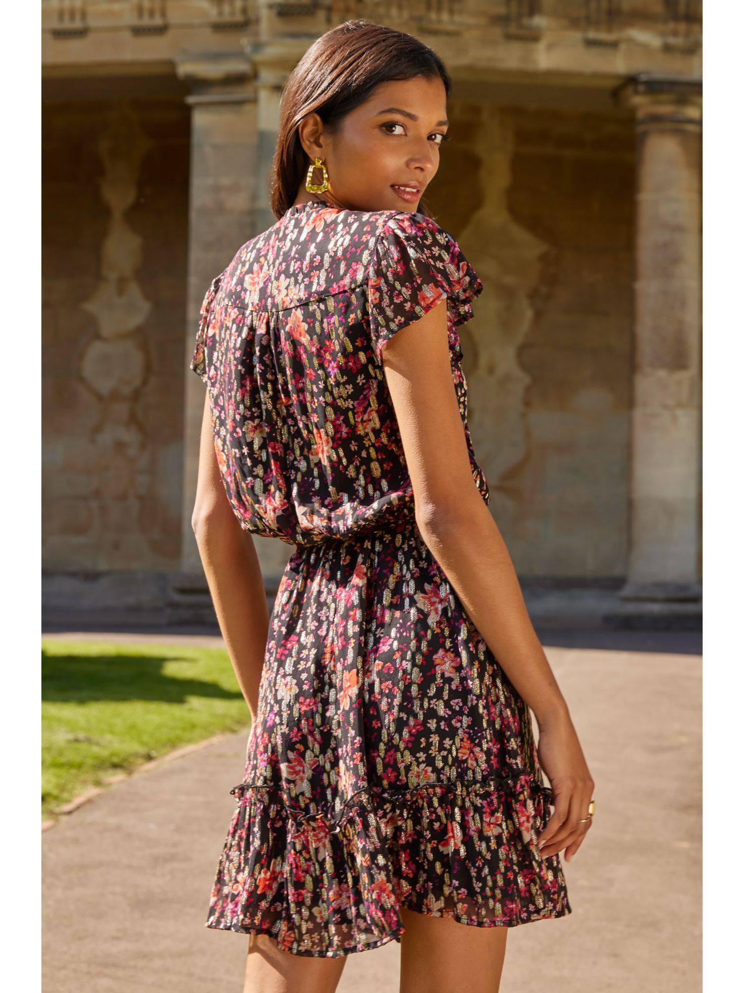Buy Love & Roses Metallic Printed Frill Mini Dress Online