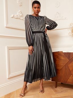 Love & Roses - Monochrome Pleated Stripe Placement Dress with Belt (Set of 2)