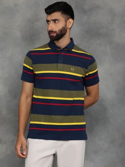 JadeBlue - Blue and Green Cotton Blend Striped Polo T-Shirt with Half Sleeve