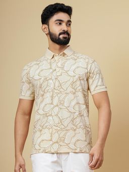 JadeBlue - Cream Cotton Stretch Polo T-Shirt for Men Printed Slim Fit