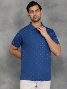 Greenfibre - Ink Blue Cotton Blend Printed Polo T-Shirt with Half Sleeve
