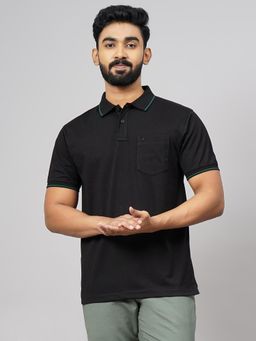 Greenfibre - Black Cotton Blend Polo T-Shirt for Men Solid Slim Fit