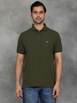 JadeBlue - Olive Green 100% Cotton Solid Polo T-Shirt with Half Sleeve