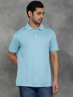 JadeBlue - Light Blue Mercerised Jacquard Self Design Polo T-Shirt with Half Sleeve