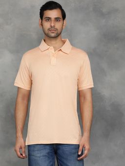 JadeBlue - Peach Mercerised Jacquard Self Design Polo T-Shirt with Half Sleeve