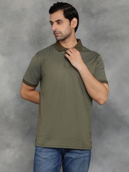 JadeBlue - Olive Green Premium Cotton Printed Polo T-Shirt with Half Sleeve