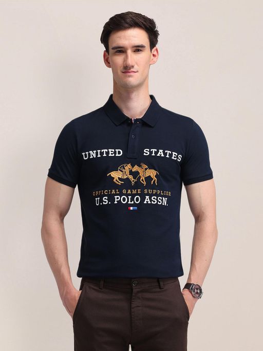 Buy POLO Mens Navy Blue Typography Polo T-Shirt (3XL