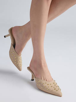 RSVP by Nykaa Fashion - Womens Cream Gold Studded Pointed Toe Slip On Kitten Mules Heels