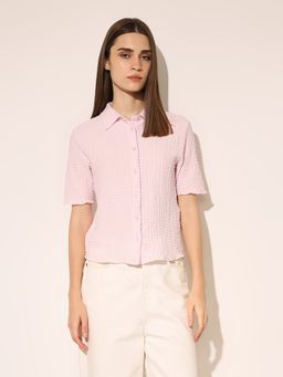 ONLY - Women'S Textured Slim Fit Pink Shirt