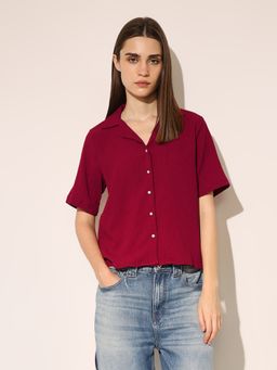 ONLY - Women'S Textured Regular Fit Maroon Shirt