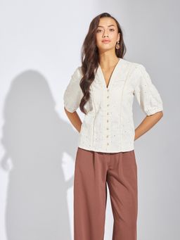 Latin Quarters - Women Beige V-Neck Half Sleeves Casual Shirt