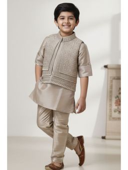 Lagorii - Beige Silk Blend Embroidered Kurta With Pyjama & Jacket