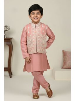 Lagorii - Peach Silk Blend Embroidered Kurta With Pyjama & Nehru Jacket