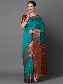 Odette - Teal Blue Festive Silk Blend Woven Design Saree with Unstitched Blouse