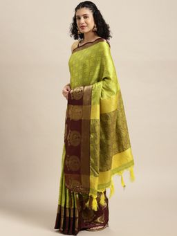 Vastranand - Green Zari Silk Blend Banarasi Saree with Unstitched Blouse