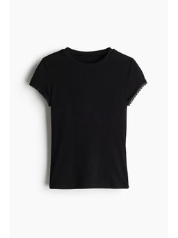 H&M - Women Black Lace-Trimmed Ribbed T-Shirt