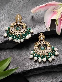 Zaveri Pearls - Green Stone Clustered Beads Drop Kundan Chandbali Earring