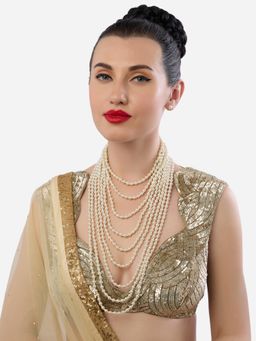 Zaveri Pearls - Gold Tone White Multi Layers Long Pearls Necklace and Earrings Set