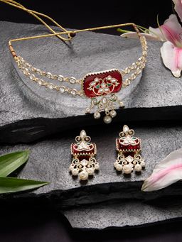 Zaveri Pearls - Red Green Stones Dazzling Kundan Choker Necklace Earrings Set